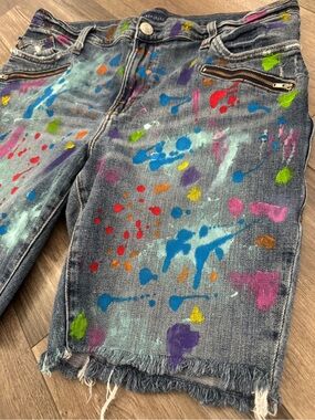 Denim Jorts Art Teacher Boho Size 18 OOAK hand painted streetwear JORTS